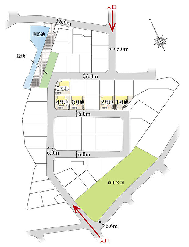 【区画図】
セキュリティー面も安心の大型分譲地内にタマタウンシリーズが新登場！前面道路幅を約6m確保しているためお車の出し入れもスムーズ。ゆとりのある区画にこだわりの詰まった住まいをご案内いたします！