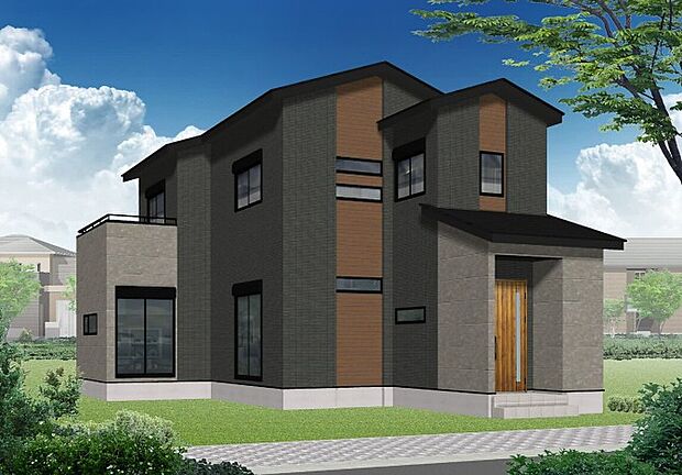 【1号地外観完成予想図】タマホームのこだわりが詰まった意匠性豊かなシンプルモダン住宅。機能性とデザイン性を兼ね備え、家族の毎日を快適に支える住まいが誕生します。