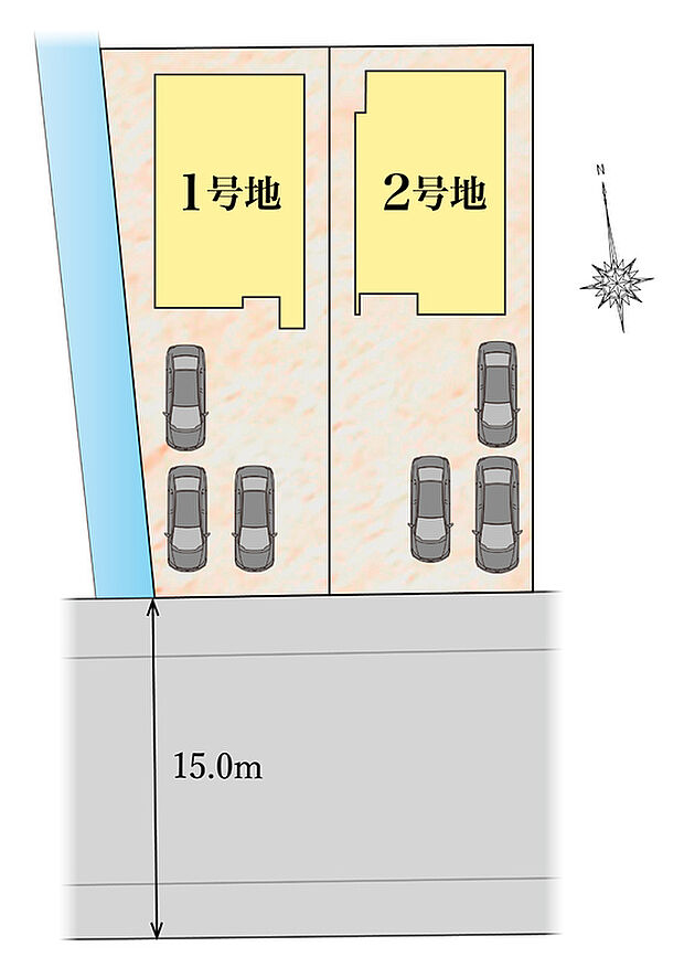 【区画図】
全邸、南面LDKの明るい邸宅です！前面道路幅は広々約15m確保しているため、お車の出し入れや駐車もスムーズに行えます。カースペースは安心の3台駐車可能。