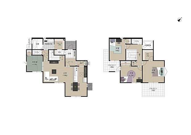 【4LDK】【6号地/回遊導線のある家】
家事も子育てもスムーズに行える回遊導線のあるプラン。同時に使いたい洗面脱衣室とファミリークローゼットを隣接させ、お出かけの際の身支度も楽々スムーズ!