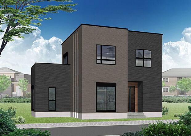 【【完成予想図(5号地)】】どの世代にも受け入れられやすく、飽きのこないシンプルな外観デザイン。落ち着いた色味で、お洒落な雰囲気を醸し出します。ランドリールームを備え、家事動線に優れたプランです。