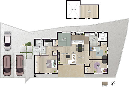 リビング上部の勾配天井で解放感たっぷり！
お子様の遊び場や大きな荷物の収納にも使える6帖のロフトを設置した収納力抜群の平屋。 