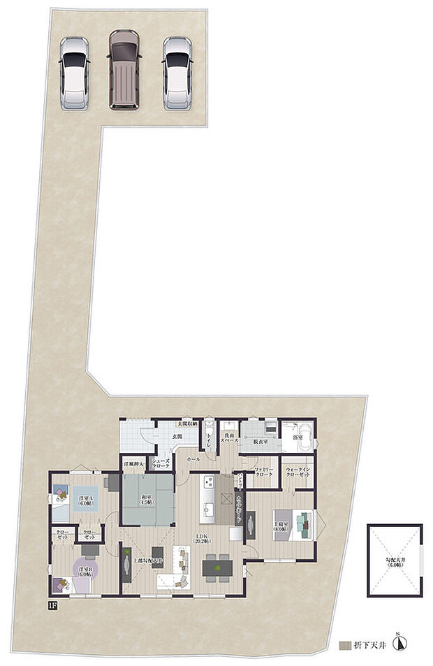 【4LDK】【2号地】
LDKは20.2帖のゆとりある広さ!勾配天井とすることで空間に奥行きを生み、開放感を演出します。必ずリビングを通る生活動線なので、家族のコミュニケーションも増えるプランです♪