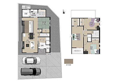 シューズクローク、1.2階のウォークインクローゼットなど用途に合わせた収納を各所に配置。
キッチンの近くに水廻りを集約させ、毎日の家事がスムーズです。 
