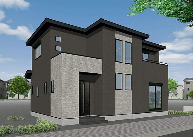 【4号地】(4号棟)完成予想図
ツートンカラーがお洒落な外観デザインです。落ち着いた印象を与えるブラウンの面積が多く、自然の温もりを感じさせます。南向きの明るいバルコニーがあります。