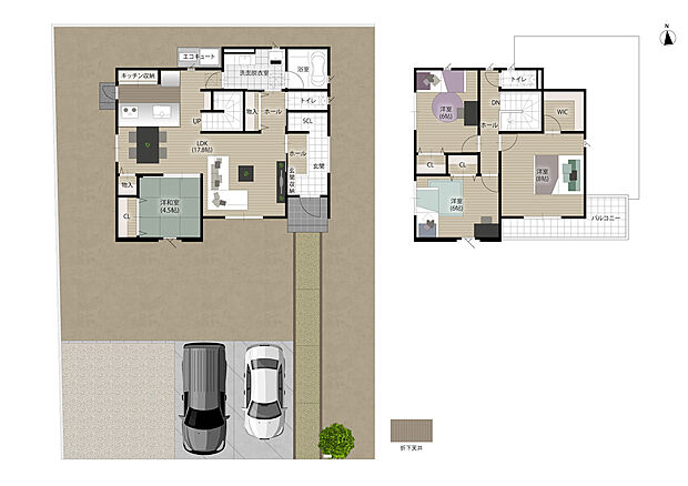 【4LDK】家族と自然と顔を合わせる機会が増えるリビング階段を中心に、ぐるっと回遊できるプランで家事がスムーズに。
用途に合わせた収納を各所に配置しているので、ごちゃつかずすっきりした暮らしが叶います。
