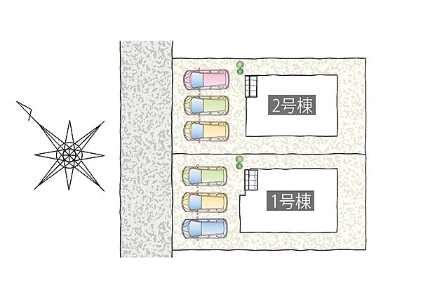 【区画配置図(外観・分譲地)】1号棟・2号棟の配置図。西側道路(幅員4m)に面し、各区画前に駐車スペースを配置。総戸数2、青森市中佃の分譲地で市営バス停徒歩6分です。