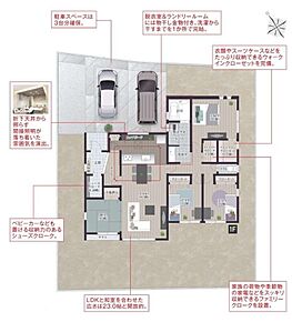 雨の日の洗濯物も安心のランドリールームを完備。LDKに隣接した和室で家族団らんを楽しめる家。 
