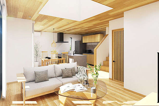 完成予想図:明るい光が降り注ぐ上部吹抜仕様のLDK。ご家族と顔を合わせる機会が自然と増えるリビングイン階段です。※家具備品等はイメージです。