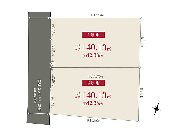 1号地:140.13m2(セットバック0.3m2要)
2号地:140.13m2(セットバック0.28m2要)
参考プランあり。