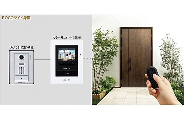 【録画機能付カラーテレビドアホン ＆ 電気錠（リモコンキー）】ふいの来客の際でもモニターをみれば誰が来たのか、一目瞭然でわかります。またテレビドアホン＋電気錠で防犯性がさらに高まります。
玄関ドアは、リモコンを携帯してハンドルのボタンを押すだけでカギの開け閉めがかんたんに行えます。