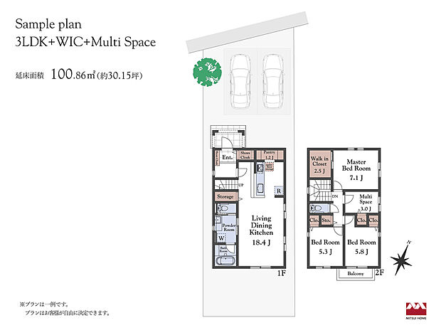 【A区画】建物価格2,786万円(税込)建物面積100.86m2(30.15坪)※付帯工事費(屋外設備・地盤改良・基本外構)と設計料にて約770万円(税込)別途必要。※MOCX GARDEN仕様の金額です。※プランは一例です。プランはお客様が自由に決定できます。