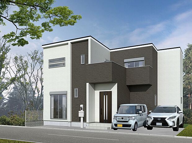 【6号地】外観パース
敷地約30坪とは思えない、ゆとりと存在感のある佇まい。
ナチュラルとシックを融合した外観に、駐車2台可能なゆとりのある住まいです。