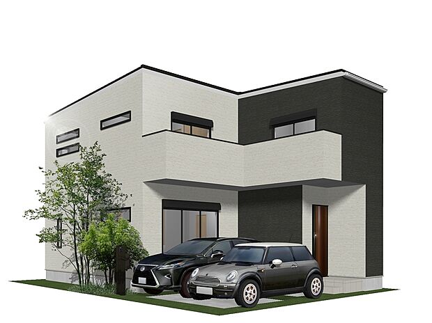 【5号地】外観パース
敷地を有効活用した、ゆとりある2台駐車可能プラン。ツートーンカラーが映えるスタイリッシュな佇まいに、水平ラインを強調するスリットウィンドウがアクセントのモダンな一邸。
