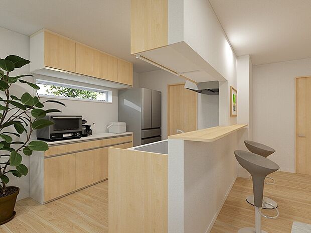 【1号地】内観パース
リビングを見渡せるカウンターキッチン。毎日の料理が楽しくなる設計。