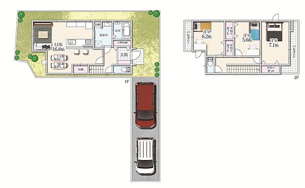 【1号地】間取り図
「洗う・干す・畳む・しまう」といった作業を一か所で完結できるランドリールームや吹抜けがある開放感ある間取りです。