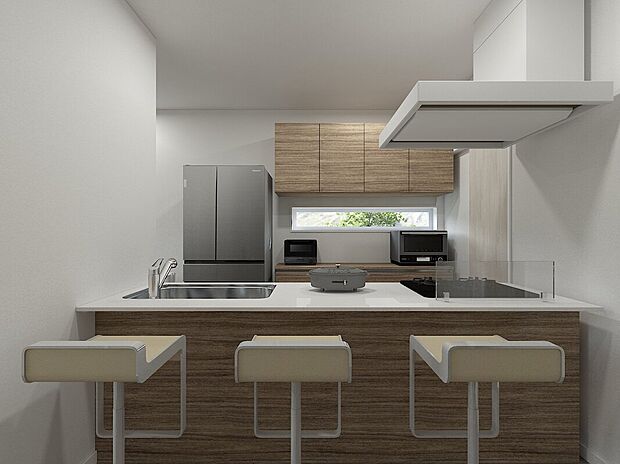 【(3号地)キッチンイメージパース】キッチンにはハイグレードな設備を採用し、カウンターキッチンからリビングへの開放的なつながりを持たせたデザイン。