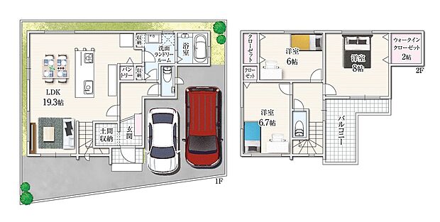 【3LDK】19帖超のLDKとアイランドキッチンを中心に回遊動線を採用。
L字型バルコニーと2帖WICは書斎利用も可能。