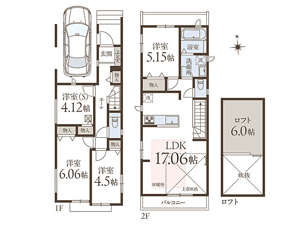 【間取り図】建物面積約102m2のゆとりある「4LDK」の住まい。2階に配されたLDKは広さ約17.06帖。LDK上部に約6帖のロフトが設けられています。