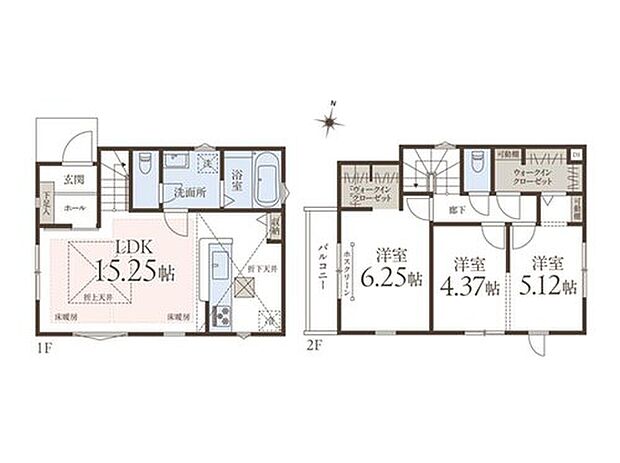 【間取り図】
約15.25帖のLDKには南向きの窓が設置され、陽当たり良好。家族が顔を合わせやすいリビング階段が採用されています。2階東側の洋室に備えられているWICは、廊下側からもアクセスできる設計