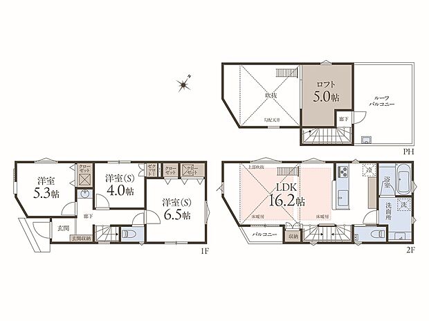 【間取り】
価格10980万円建物81.94m2土地60.00m2 LDKは約16.2帖の広さ。水回りがワンフロアに集約され、家事・生活動線がスムーズです。セカンド洗面台やロフト、ルーフバルコニー付。