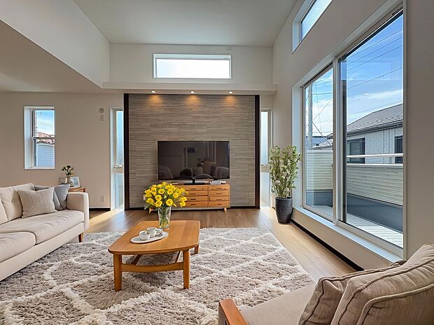 【LDK】
LDKの広さは約18.03帖、リビング部分の天井高は約3.5m。ダイニングテーブルやソファなどを置いてもゆとりある広さです。※家具はCGです。