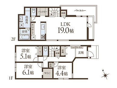 建物プラン例(No.3)3LDK、土地価格1億1550万円、土地面積92.9m2、建物価格2200万円、建物面積94.14m2  
ご家族が集うLDKは約19.0帖の広さが確保されています。パントリーやWIC、玄関収納などが設けられ、適材適所の収納が叶います。 