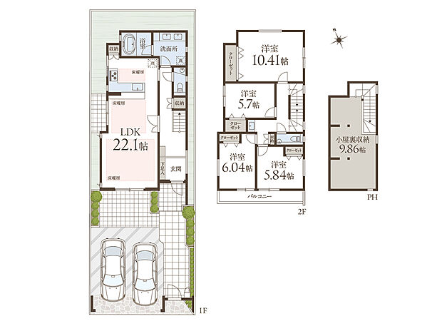【4LDK】ご家族が集うLDKは、南向きで約22.1帖の広さ。固定階段でアクセスできるロフトに加えて、全居室に収納が備えられており、住空間を広く活用することができます。