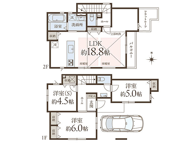 【3LDK】LDKは約18.8帖のゆとりある広さ。2階に配置されているため、外部からの視線を気にせずゆったり寛げます。水回りが集約された家事・生活動線良好な間取りも魅力です。