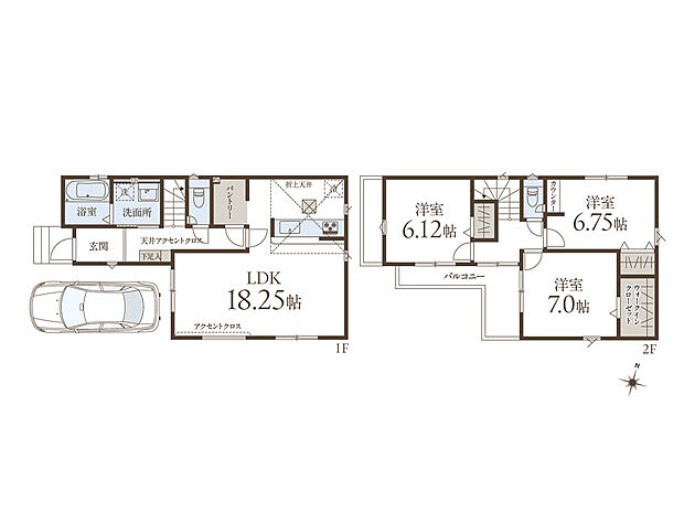 【3LDK】約18.25帖のゆとりあるLDKは、アクセントクロスが上質な雰囲気を演出し、家族が自然と集まる開放的な空間です。キッチン横にはパントリーが備わり、生活動線もスムーズです。2階には6帖以上の洋室が3部屋揃い、主寝室にはウォークインクローゼットが備わっています。