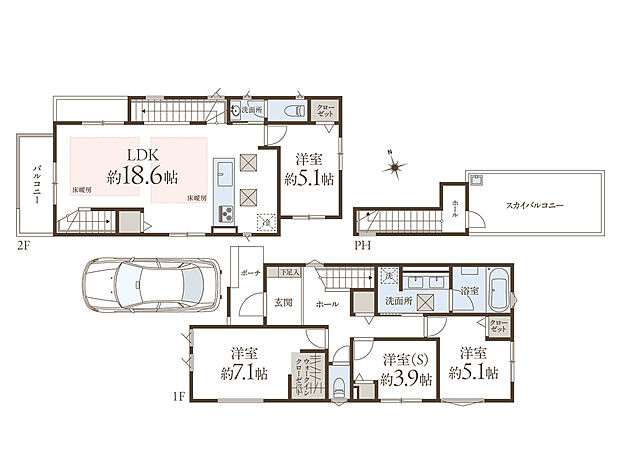 【3LDK】全居室2面採光。陽当たり・通風良好で快適な暮らしが叶います。1階東側の洋室は、将来間仕切り対応可能。お客様の様々なライフスタイルに対応できる住まいです。