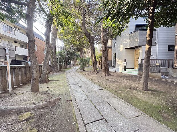 【【前面道路含む現地写真】】駅が近いエリアでありながら、植栽が豊かで静寂に包まれた雰囲気です。徒歩5分圏内にスーパーやコンビニ、郵便局などの生活利便施設が点在しています。日々のお買い物も便利に行えそうです。