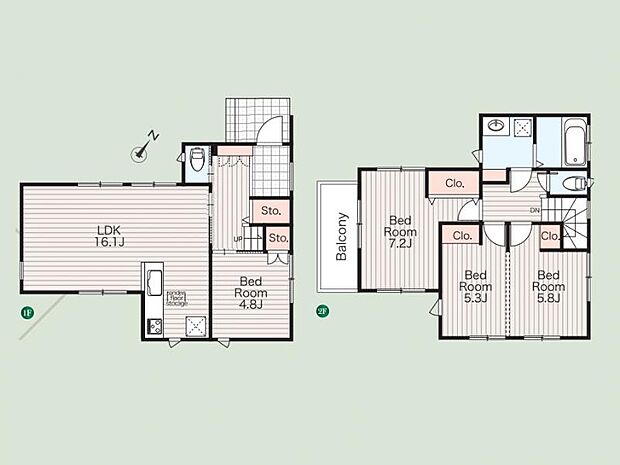 16.1帖の広々LDKに加え、1階に独立した洋室を配置。テレワークや客間としても重宝します。全居室収納付きで、家族が増えても安心のフレキシブル設計のプランです。