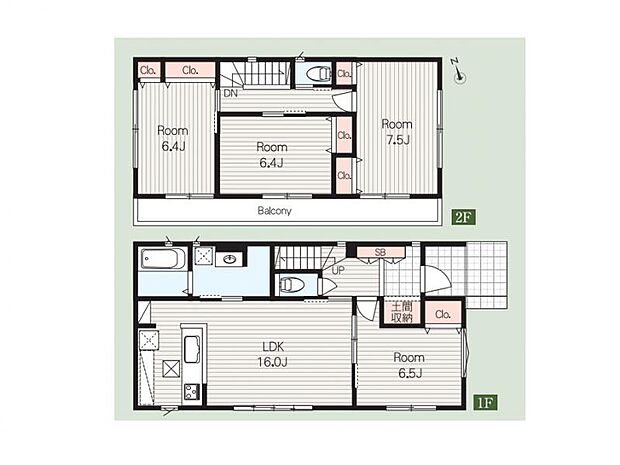 全居室南向きで陽光あふれる、明るく開放的な4LDKプランです 。1階には会話の弾む対面キッチンを採用した16帖のLDKがあり 、玄関には土間収納を備えているため収納力もgood 。