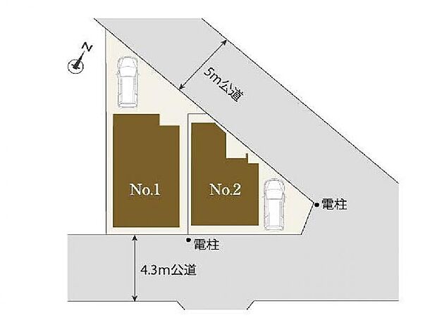 北東側5m公道と南側4.3m公道に面した、開放感溢れる2面接道の敷地です。