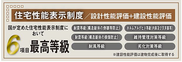 【非公開】住宅性能表示制度6項目取得。耐震・省エネ・劣化対策など、国の基準で性能を評価。長く安心して住める高品質な住まいです。