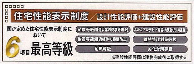 【非公開】住宅性能表示制度6項目取得。耐震・省エネ・劣化対策など、国の基準で性能を評価。長く安心して住める高品質な住まいです。