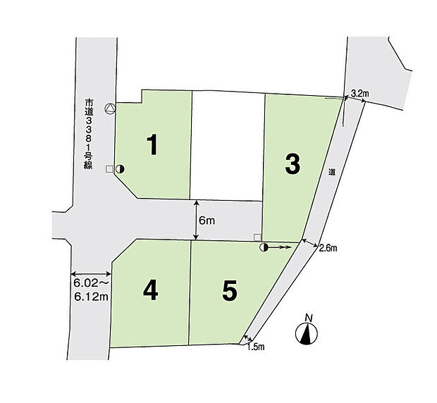 角地を含む5区画。前面道路6m以上ございます。