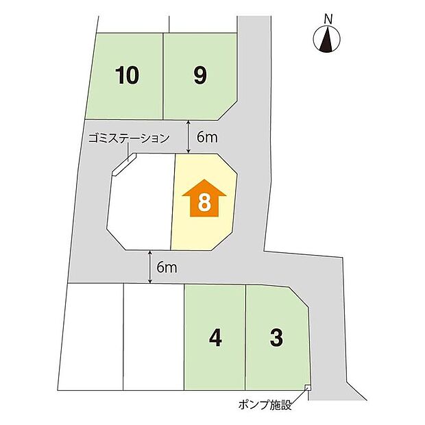【区画図】敷地面積54坪以上のゆとりある住まい、暮らしやすさを大切にプランニングした4LDKの住宅です。前面道路は6ｍ以上を確保し、お車での出入りや駐車もスムーズに行っていただけます。