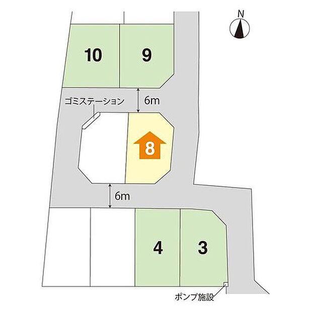 【全体区画図】敷地面積54坪以上のゆとりある住まい、暮らしやすさを大切にプランニングした4LDKの住宅です。前面道路は6ｍ以上を確保し、お車での出入りや駐車もスムーズに行っていただけます。