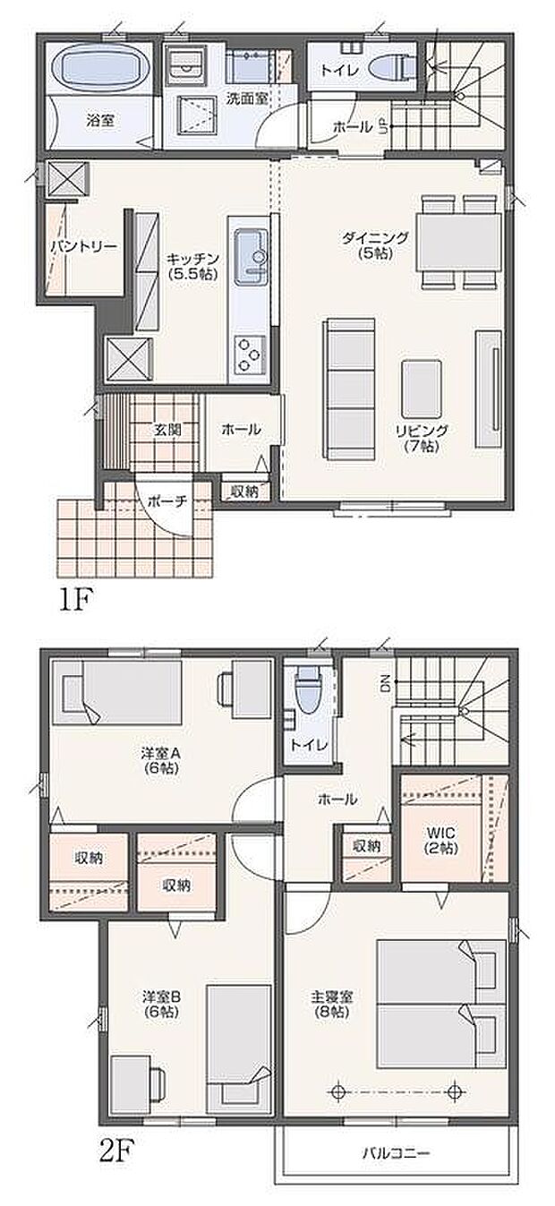 NO.１　間取り
収納が充実の間取り。２階は主寝室だけでなく、全居室にWICを設置しています。お子様の成長に合わせて増えていく衣類の収納も安心です。