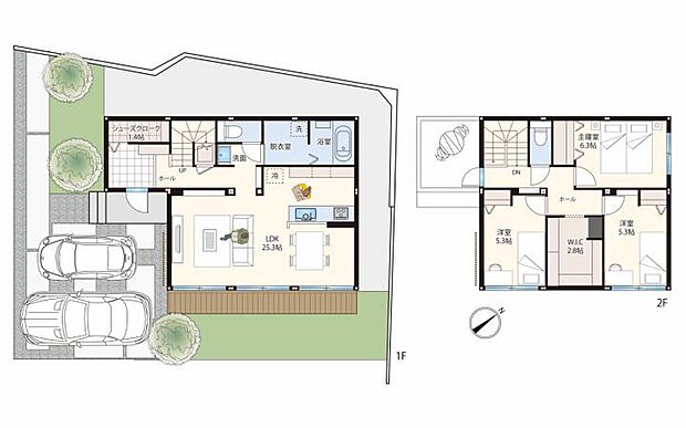 【3LDK】<8-1号地分譲住宅 間取り図>約25帖の広々としたLDKに、南東方面に約7m程の大開口の窓が特徴の分譲住宅です。