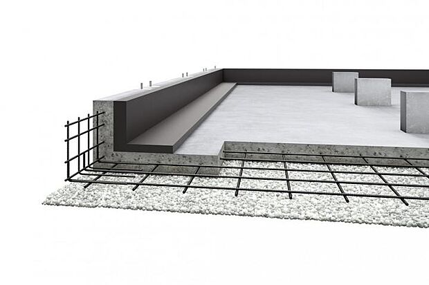 【【強靭なベタ基礎で建物を面で支える】】家は、建物だけでなく建物を支える基礎部分によっても強さが変わってきます。セキスイハイムは強度と耐久性を兼ね備えたベタ基礎(強度の高い24N/mm2コンクリート)を標準採用しています。※プランによって仕様が異なる場合がございます。