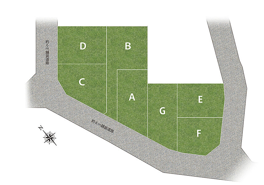 【全体区画図】全7区画の新しい街並み！B号地は敷地面積54坪超のゆったり区画です！前面道路は、車のすれ違いや車庫入れなどがしやすい約6m幅。周辺は住宅や田畑が多く、穏やかな住環境です。