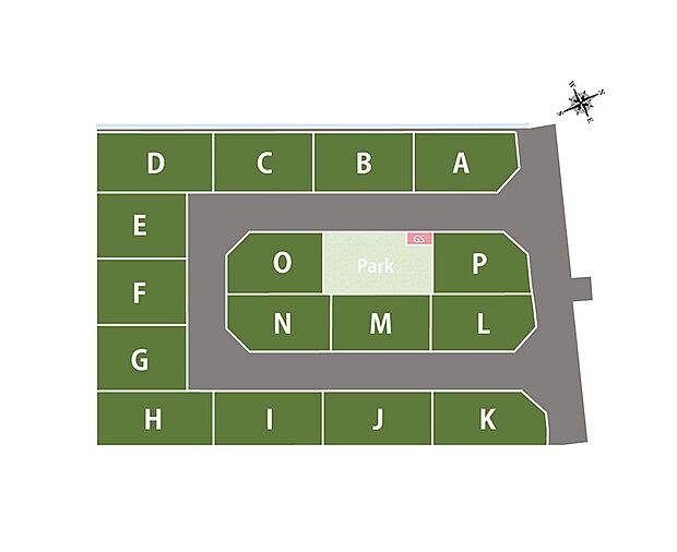 【全体区画図】全区画ゆったり40坪超×前面道路約6.0~6.2m幅!整った区画が広がり、開放的な街並みを形成しています。プランニングから叶う自由設計区画も分譲中!街区内には公園も新設されています。
