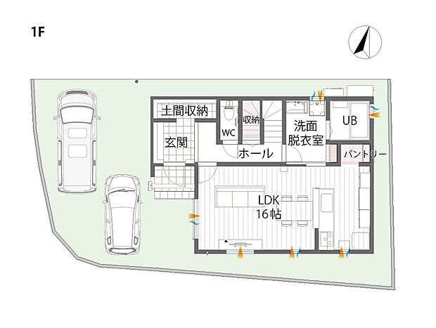 【1F間取図/C号地モデルハウス】玄関横に大容量の土間収納を完備。リビングは対面キッチンにパントリーも設けているので、スッキリした状態を保てます。洗面脱衣室はホール、LDKからの2WAYで家事効率も◎