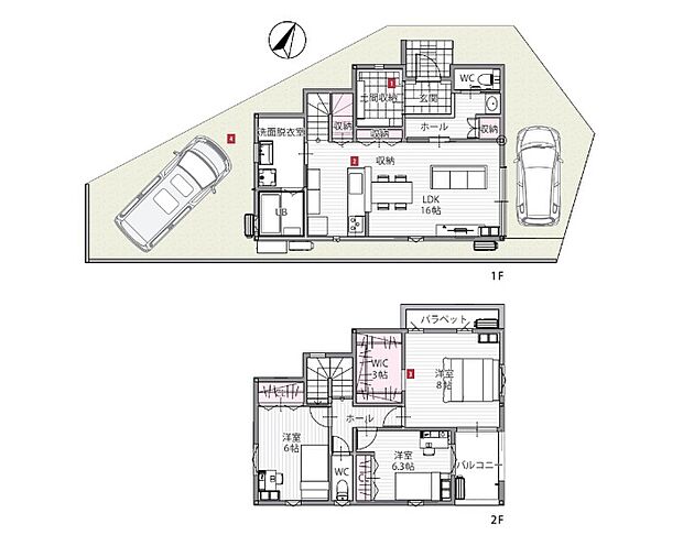 【間取図/F号地モデルハウス】玄関ホールに手洗い器があり、帰宅後すぐに手を洗えて清潔です。駐車スペースは2台分(車種による)。気密施工など断熱性にこだわりの長期優良住宅で、1年を通して快適な住空間に。
