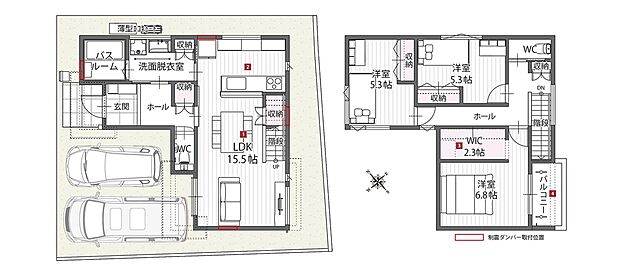 【3LDK+WIC/バルコニー】●玄関ホール~洗面脱衣室~LDKが行き止まりなくつながり、LDKに入る前に手洗いを済ませたり、調理をしながら洗濯機のアラームを確認したり、暮らしや家事の効率に配慮した動線です。
●LDKは対面キッチンからLDを見渡すことができ、リビング階段仕様。階段下スペースは収納として、ご家族共用品などを保管いただけます。
●2階主寝室は約6.8帖!南バルコニーから光や風が届き、乾いた洗濯物を畳まずに約2.3帖WICへ、ハンガー掛けで仕舞うこともできそうです。