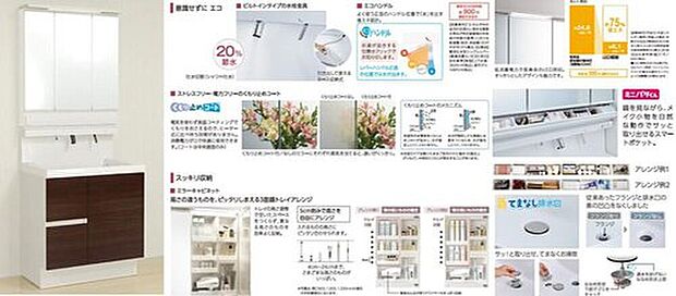 【洗面台】【洗面化粧台】
3面鏡の中の収納を含めてコンセント3か所完備