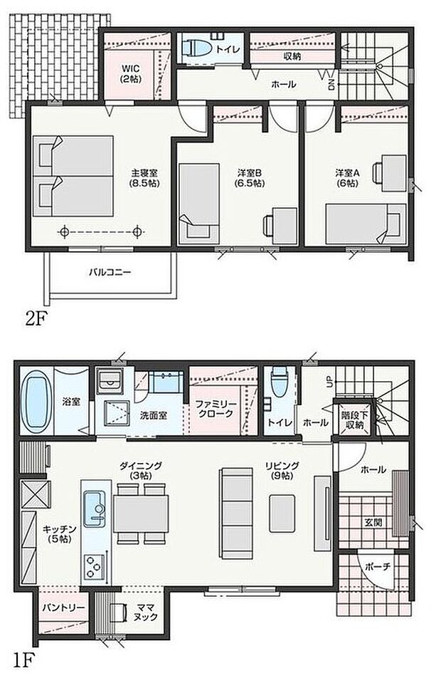 【3LDK】2025年9月完成予定
・洗面室に隣接したファミリークローク
・パントリー、ママヌックあり